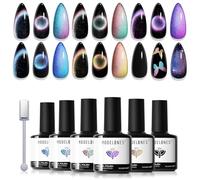 Modelones Cat Eye Gel Nail Polish Set, 6 Colors Holographic Colorful Rainbow Glitter Gel Polish Black Purple Blue Green Yellow Coral Pink Nail Polish with Magnet Fall Winter Soak Off LED Mani DIY Gift