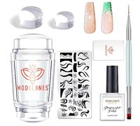 MODELONES French Tip Nail Stamp - 7Pcs Silicone Nail Art Stamper Kit w/ Replacement French Nail Stamper Head, Nail Stamping Plate, 15ml Transfer Oil French Manicure Kit Home DIY Nail Art Salon, Pink