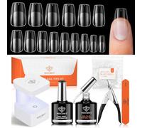 Modelones Gel Nail Kit Short Coffin, Upgrade 510Pcs Fake Nails 15Sizes, 9-in-One Glue Prep Dehydrator & Mini U V Light Clipper, Pre-shaped Half Matte Press on Short Coffin Tips for DIY Salon