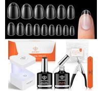 Modelones Gel Nail Kit Short Oval Round, Upgrade 510Pcs Fake Nails 15Sizes, 9-in-One Glue Prep Dehydrator & Mini U V Light Clipper, Pre-shaped Half Matte Press on Oval Tips for Extension DIY Salon