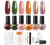 Modelones Nail Polish Set 6 Colors with Top & Base Coat, Red Green Orange Nail Polish Remover, Sticker, Sparkle Gold Shimmer Quick Dry Nail Polish Kit DIY Home Manicure for Women