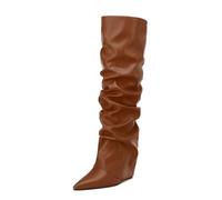 MODENCOCO Women's Fold Over Knee High Boots Wedge Heel Pointed Toe Boots High Heels Ruched Slouchy Pleated Dress Boots Wide Calf Tall Boots for Women, Brown, 6 UK