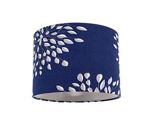 Modern 10inch Navy Midnight Blue Drum Lampshade with Off-White Floral Decoration in Jacquard Cotton Fabric | 18cm x 25cm | Silver Satin Lining by Happy Homewares