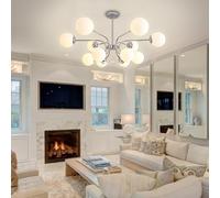 Modern 12-Light Chandelier, Adjustable Pendant Light with Opal White Glass Globes, Stylish Fixture for Kitchen, Living Room, Dining Room, Bedroom, Chrome Finish