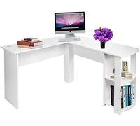 Modern 2-in-1 L-Shaped Laptop Desk with Bookshelf, White Corner Home Office Computer Table, Multifunctional Workstation for Small Spaces