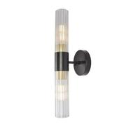 Modern 2-Light Vertical Wall Sconce, Art Deco Vanity Light with Ribbed Acrylic Shade, Black Gold Finish for Bathroom, Bedroom, Hallway, Living Room Decor (13"/33cm)