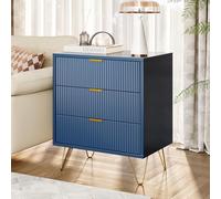 Modern 3-Drawer Nightstand with Gold Handles, Dark Blue Wooden Storage Cabinet for Bedroom & Living Room, Stylish Commode with Elegant Feet, 60x40x70 cm