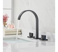 Modern 3-Hole Bathroom Faucet Double Handle Waterfall Design Wide Spout Splash-Proof Elegant Black Finish for Contemporary Bathrooms Easy Installation