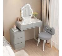 Modern 3 in 1 Vanity Desk, Makeup Table with Mirror and Chair, Space Saving Dressing Table with Stool, Bedroom Desk with Drawers, Vanity Unit White Gloss Dressing Table with LED Lights for Women(Gray