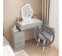 Modern 3-in-1 Vanity Desk with LED Lights Makeup Table & Chair Space-Saving Bedroom Dressing Table with Drawers Stylish White Gloss Makeup Station for Women (Gray)