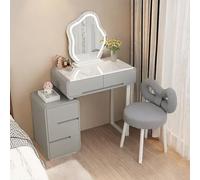 Modern 3-in-1 Vanity Desk with LED Lights Makeup Table & Chair Space-Saving White Gloss Dressing Table with Drawers Stylish Bedroom Makeup Station for Women (Gray)