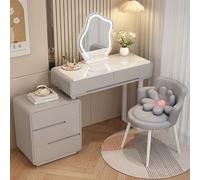 Modern 3 in 1 Vanity Desk with LED Lights Makeup Table & Mirror Space-Saving Dressing Table with Drawers & Stool White Gloss Bedroom Furniture for Women (Gray)