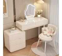 Modern 3 in 1 Vanity Desk with LED Lights Makeup Table & Mirror Space-Saving Dressing Table with Drawers & Stool Stylish White Gloss Bedroom Furniture for Women