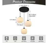 Modern 3-Light Cluster Pendant Chandelier - Frosted Globe Vintage Milk Glass Fixture Black Contemporary Design for Living Room & Dining Room Lighting