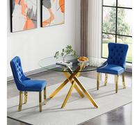 Modern 3-Piece Dining Table Set - 47.2" Round Kitchen Table with Metal X-Legs & 2 Blue Chairs - Ideal for Small Dining Rooms & Cozy Spaces