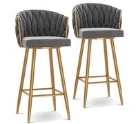 Modern 360° Swivel Bar Stools - Upholstered Kitchen Chairs with Steel Legs & Footrest Adjustable Height (25.6/29.5 Inch) Set of 1/2/3/4 Grey/Black Finish