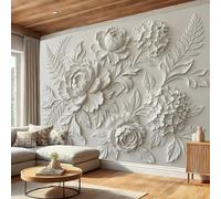 Modern 3D Chinese Peony Relief Sculpture Non-Woven Premium Wallpaper Mural Nordic Solid Color Plants 400X280Cm 3D Photo Wallpaper Wallcoverings For Bedroom Living Room Tv Backdrop Kitchen, Cream