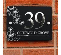 Modern 3D House Number Plaque with Floral Design, Personalised Floating House Sign, Laser Cut Double Layer Number Plate, Elegant Outdoor Door & Wall Decoration (Black)