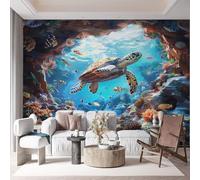 Modern 3D Wall Mural Ocean Theme Turtle School of Fish Print Photo Wallpaper, Colorful Non-Woven Mural Decoration Poster for Living Room & Kids Bedroom 350 x 256 cm (WxH)