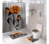 Modern 4 Piece Shower Curtain Set, 3D Rose Print Waterproof Fabric Bathroom Curtain Set with Hooks for Anti Slip Bathroom Rugs Set + Toilet Seat Cover +Bath Mat (4PC,purple flower), W