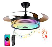 Modern 42 Inch Retractable Ceiling Fan with Lights and Remote Control, 6 Speed Adjustable Fandelier, Smart Ceiling Fan with Bluetooth Speaker, RGB Color
