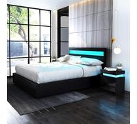 Modern 4ft Ottoman Bed Frame with LED Lights Gas Lift Storage Faux Leather Finish Black Small Double