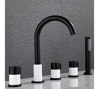 Modern 5-Hole Bath Mixer Tap Set with Pull-Out Hand Shower, Waterfall Spout, Black & White Finish, Stylish Bathroom Faucet for Contemporary Bathtubs