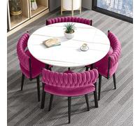 Modern 5-Piece Round Dining Table Set for 4 - Stylish Pink Coffee Table & Chairs - Minimalist Wood Furniture for Living Room, Kitchen, Office, Reception - Chic Dining Room Decor