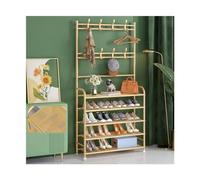 Modern 5 Tier Gold Metal Shoe Rack with Double Hooks for Bedroom Hallway & Office Lightweight Shoe Storage nizer & Coat Hanger