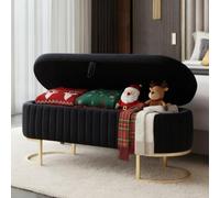 Modern 51" Velvet Ottoman with Storage Queen Size End of Bed Bench Stylish Upholstered Footrest & Seat with Gold Legs for Bedroom & Entryway Black