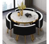 Modern 5Piece Round Dining Table Set for 4Faux Marble Top with 4 PU Leather Chairs SpaceSaving Design for Small Apartments Dining Room Fur 80x80x75cm
