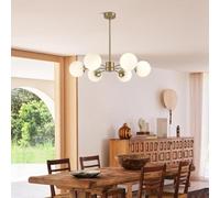 Modern 6-Light Glass Sputnik Chandelier - Vintage Gold Pendant Light Fixture Mid-Century Globe Ball Flush Mount for Kitchen Island & Dining Room Brushed Brass Finish (Gold & White)