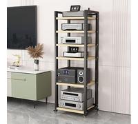 Modern 6-Tier AV Media Stand on Wheels, Audio Rack for Stereo Components, Record Player Cabinet, Entertainment Center, Natural Finish, Home Theater Furniture, W 19.6"