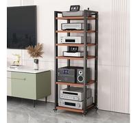 Modern 6-Tier AV Media Stand on Wheels, Walnut Audio Rack for Stereo Components & Record Players, Entertainment Cabinet, 19.6" Wide Audio Storage Solution