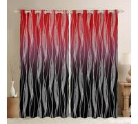 Modern 66"x72" Red & Black Blackout Curtains for Boys' Bedroom - Abstract Ombre Gradient Geometric Design Silver Striped Drapes Stylish 2 Panel Window Treatments