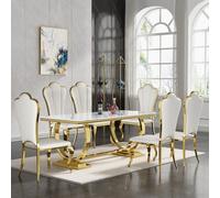 Modern 68.1'' Faux Marble Dining Table Set for 6 - Table with Double U Stainless Steel Base & 6 Ele Dining Chairs