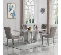 Modern 68.11'' Faux Marble Dining Table Set for 4, Recle Kitchen Table with Stainless Steel Base & 4 Grey Chairs, 5-Piece Dining Room Fur