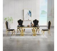 Modern 68.11" Marble Dining Table Set for 4 with d Stainless Steel Base, Faux Marble Top, Includes 4 Black Leather Dining Chairs for Ele Kitchen & Dining Room