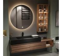 Modern 80" Floating Bathroom with Integrated Sink Multi Layer Solid Wood Cabinet Smart Defog Round Mirror & Ample Sto Slish Bath Upgrade