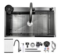Modern 80x50cm inless Steel Kitchen Sink in Grey & Black with Pull Down Faucet, Soap Dispenser, and Waste Trap - Perfect for Contemporary Kitchens