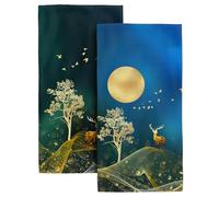 Modern Abstract Art Bath Hand Towels Gift Soft Absorbent Golden Retro Decorative Towels for Bathroom Gym Hotel Spa Home Moon Tree Deer Decor Towel (2 Pieces, 14x28 Inch)