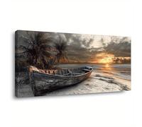 Modern Abstract Beach at Dusk Wall Art - Framed Print on Canvas Sunset Scenery Picture Calming Dusk Sea Views for Living Room(55x105cm(22x41in) With frame ready to hang