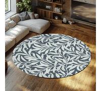 Modern Abstract Branch Print Round Area Rug 150cm Retro Gray Leaf Design Circle Rugs Washable Low Pile Carpet for Bedroom Kitchen Study