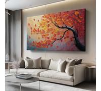Modern Abstract Canvas Wall Art 100L X 50W Cm Oil Painting Tree Autumn Leaves- Artwork Prints For Living Room, Bedroom, Office - Red Orange Large Colourful Picture For Home Decor, Hallway, Kitchen