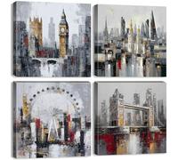 Modern Abstract City Wall Art Canvas Prints Watercolor City Landscape Pictures Wall Decor Grey and Yellow Building Cityscape Wall Paintings for Living Room Decoration Framed Posters Artwork 30x30CM 4P