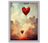 Modern Abstract Floating Red Love Heart Balloons Artwork Framed Wall Art Print A4 Artery8 Light Grey One Size