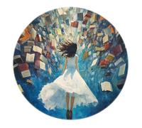 Modern Abstract Low Pile Non Slip Round Rugs 200cm - Lady Floating Books Print Circle Carpet Washable for Living Room Bedroom Study Nook