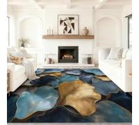 Modern Abstract Low Pile Rug, Cyan Blue Gilded Gold Super Soft Flannel Carpet 140 x 200 cm, Plant Flowers Leaves Rug, Non Shedding for Adult Kids