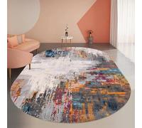 Modern Abstract Multicolored Oval Rug 110x180 cm - Grey Beige Dark Blue ge Fuchsia - Washable Carpet for Living Room Bedroom Kitchen Office Floor Protection