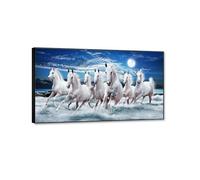 Modern Abstract painting on canvas wall art Colorful Seven Running White Horse Animals Prints and Posters Abstract Wall Art Pictures for Home Decor With Black Frame Ready to Hang 40x80cm16"x31"